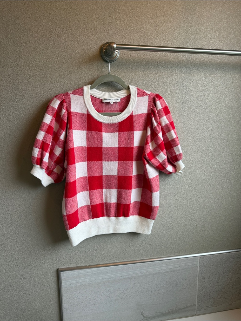 English Factory Puff Sleeve Gingham Sweater S